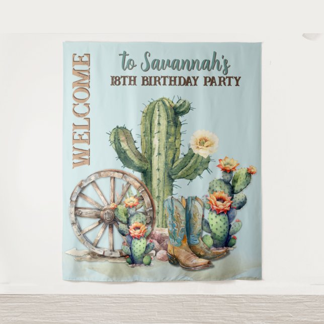 Teal Blue Flowering Cactus Boots Welcome Backdrop Tapestry (Front)