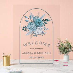 Teal blue flowers and arch floral welcome wedding acrylic sign