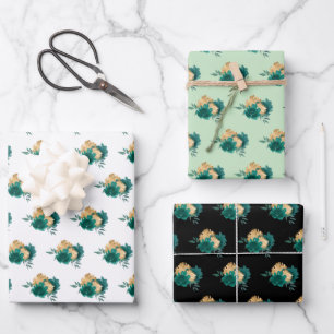 Teal Blue Flowers and Greenery Pattern Wrapping Paper Sheet