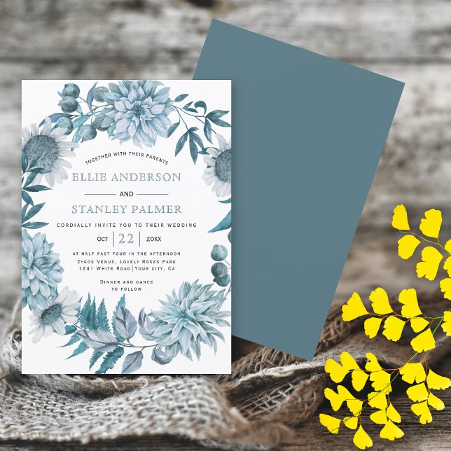 Teal blue flowers and leaves wreath wedding invitation (Creator Uploaded)