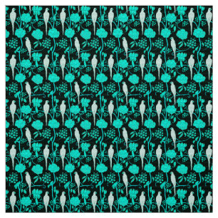 TEAL BLUE FLOWERS AND WHITE PARROTS ON BLACK FABRIC