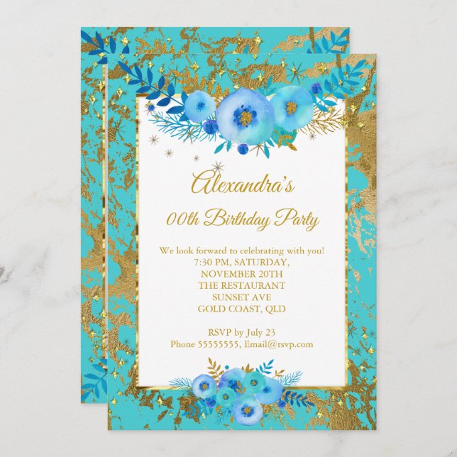 Teal Blue Flowers Gold Birthday Party Invitation (Front/Back)