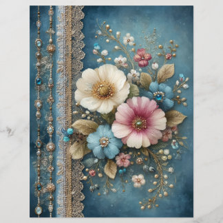 Teal Blue Flowers Junk Journal Scrapbook Paper