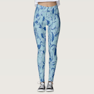 Teal Blue flowers on a sculpture texture backing Leggings