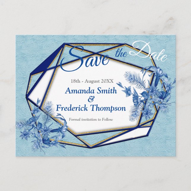 Teal Blue flowers on a sculpture textured backing Announcement Postcard (Front)