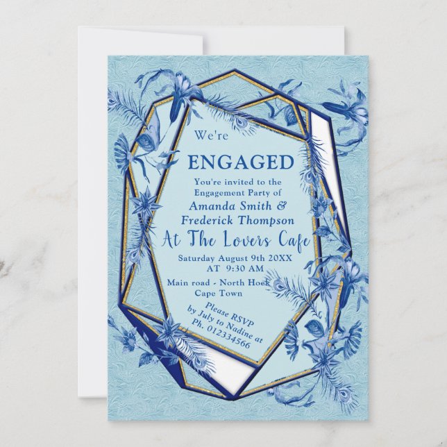 Teal Blue flowers on a sculpture textured backing Invitation (Front)