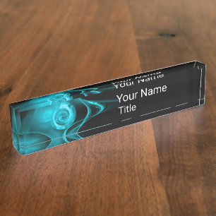 TEAL BLUE FRACTAL ROSE IN BLACK,Abstract Swirls Nameplate