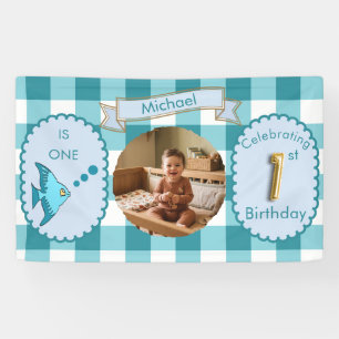 Teal Blue Gingham 1st Birthday Photo Fish Party Banner