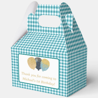 Teal Blue Gingham Balloons Custom Photo Birthday Favour Box