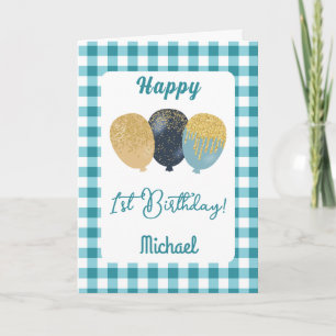 Teal Blue Gingham Balloons Kids Birthday Greeting Card