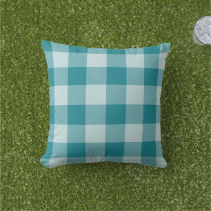Teal Blue Gingham Check Buffalo Plaid Cushion
