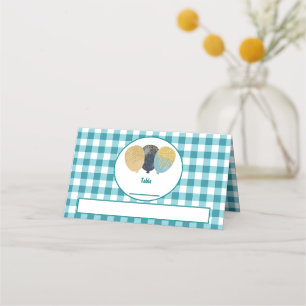 Teal Blue Gingham Glitter Balloons Folded Table Place Card