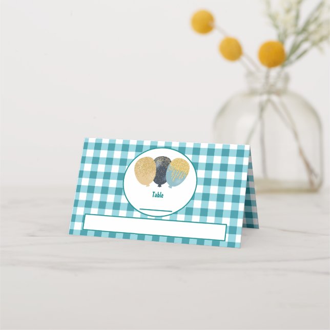 Teal Blue Gingham Glitter Balloons Folded Table  Place Card (Front)