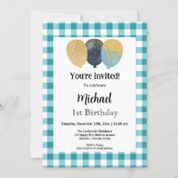 Teal Blue Gingham, Party Balloons 1st Birthday