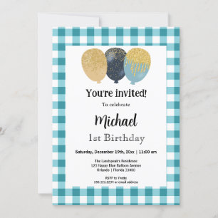 Teal Blue Gingham, Party Balloons 1st Birthday Invitation