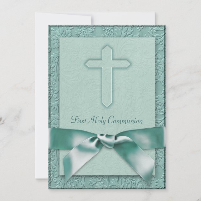 Teal Blue Girls First Communion Invitation (Front)