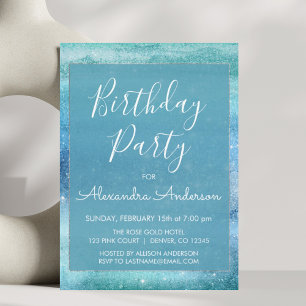Teal Blue Girly Glitter Sparkle Any Age Birthday Invitation