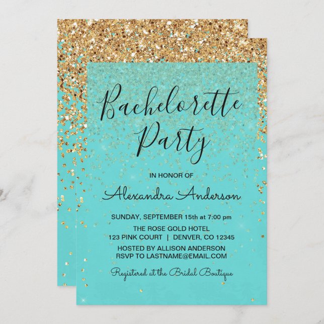 Teal Blue Girly Glitter Sparkle Bachelorette Party Invitation (Front/Back)