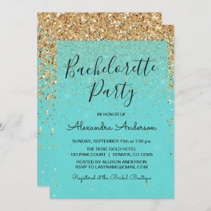 Teal Blue Girly Glitter Sparkle Bachelorette Party Invitation