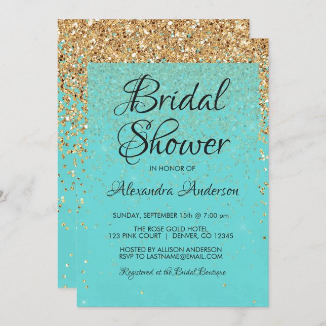 Teal Blue Girly Glitter Sparkle Bridal Shower Invitation (Front/Back)