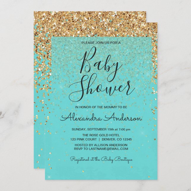 Teal Blue Girly Glitter Sparkle Girl's Baby Shower Invitation (Front/Back)