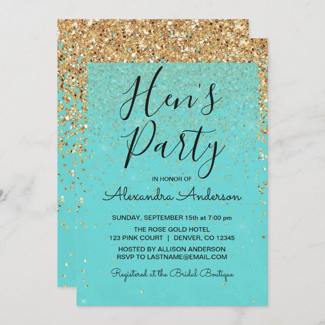 Teal Blue Girly Glitter Sparkle Hen's Party Invitation (Front/Back)