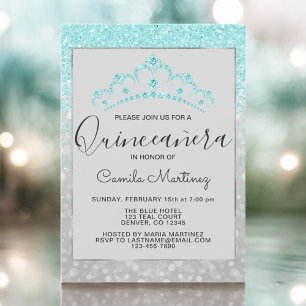 Teal Blue Girly Glitter Sparkle Quinceanera Invitation