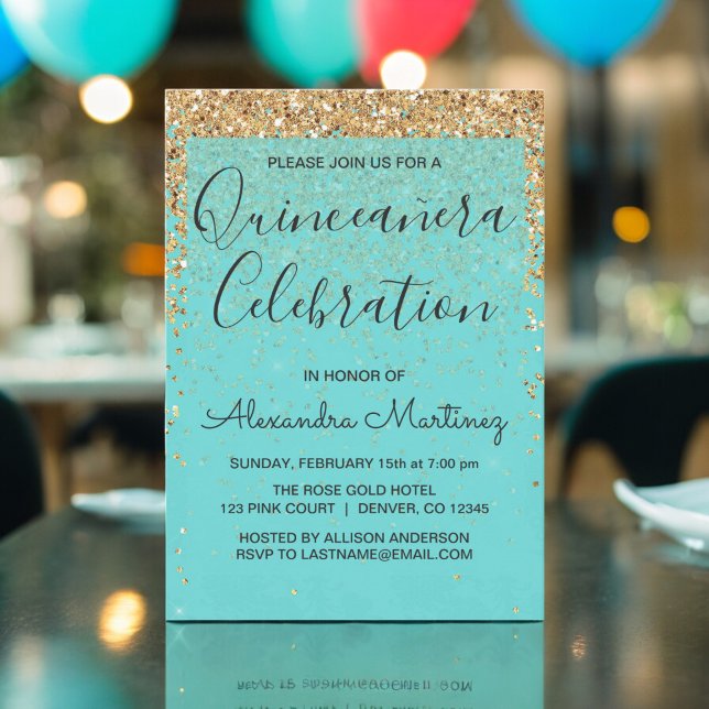 Teal Blue Girly Glitter Sparkle Quinceanera Invitation (Creator Uploaded)