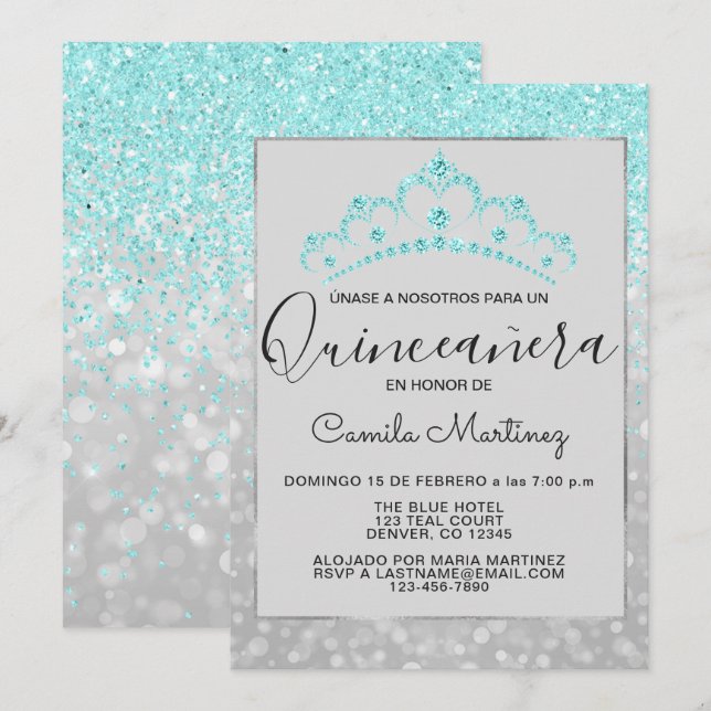 Teal Blue Girly Glitter Sparkle Quinceanera Invitation (Front/Back)