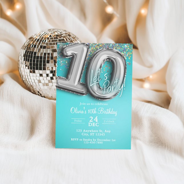 teal blue Glitter 10th Birthday Invitation (Creator Uploaded)
