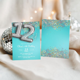 Teal blue glitter 12th Invitation