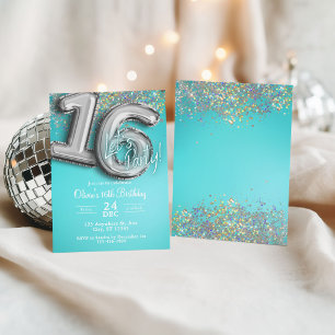 Teal blue glitter 16th Invitation