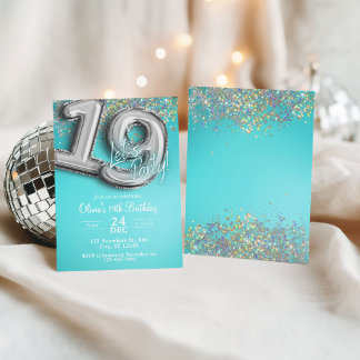 Teal blue glitter 19th Invitation