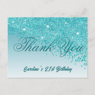 Teal Blue Glitter, 21st Birthday Thank You Postcard