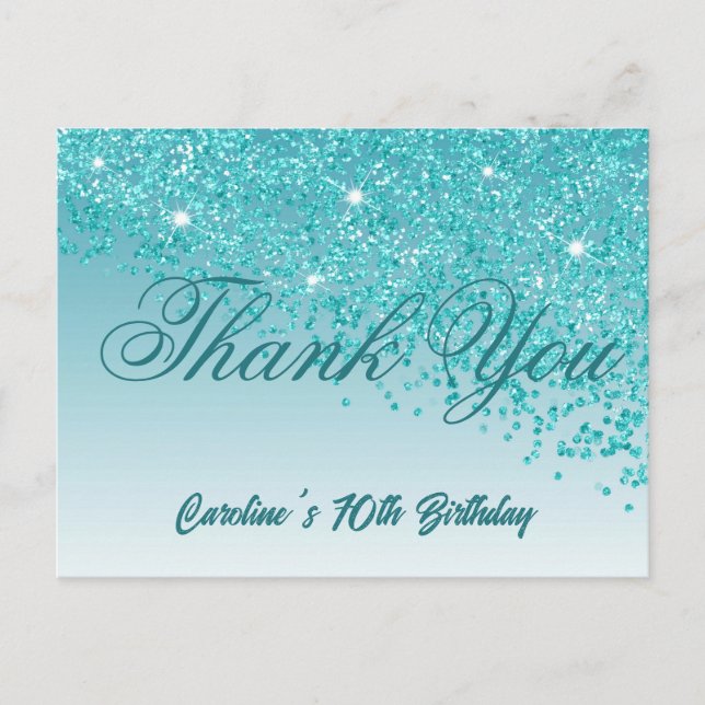 Teal Blue Glitter, 70th Birthday Thank You Postcard (Front)