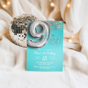 teal blue Glitter 9th Birthday Invitation