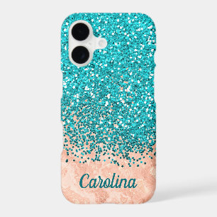Teal Blue Glitter and Orange Marble, Personalised