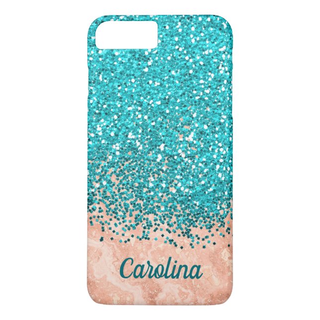 Teal Blue Glitter and Orange Marble, Personalised Case-Mate iPhone Case (Back)