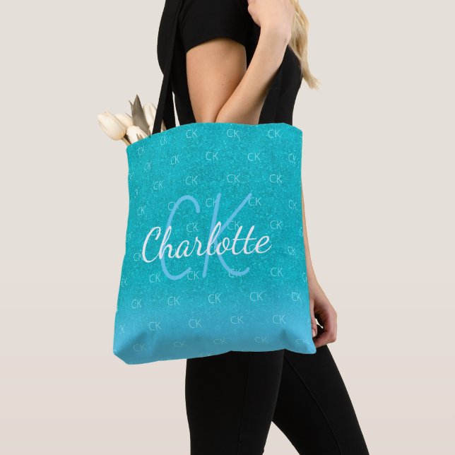 Teal blue glitter aqua green monogram initials tote bag (Close Up)