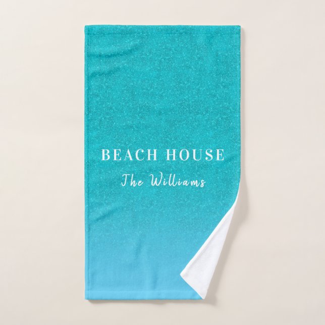 Teal blue glitter aqua sea green beach house name bath towel set (Hand Towel)