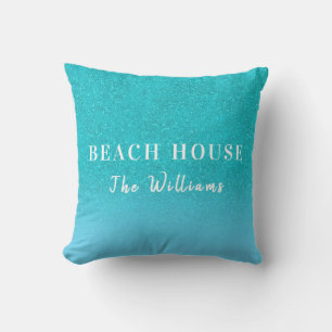 Teal blue glitter aqua sea green beach house name cushion