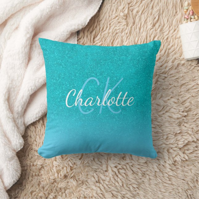 Teal blue glitter aqua sea green monogram cushion (Blanket)