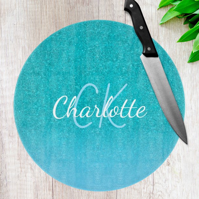 Teal blue glitter aqua sea green monogram cutting board (Creator Uploaded)