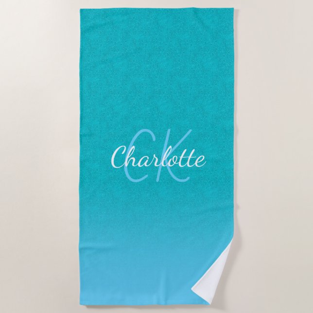 Teal blue glitter aqua sea green monogram initials beach towel (Front)