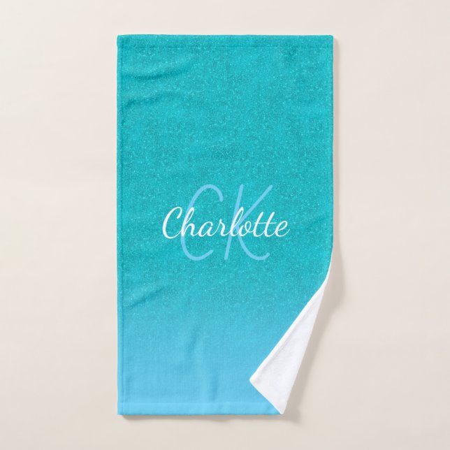 Teal blue glitter aqua sea green monogram initials hand towel (Hand Towel)
