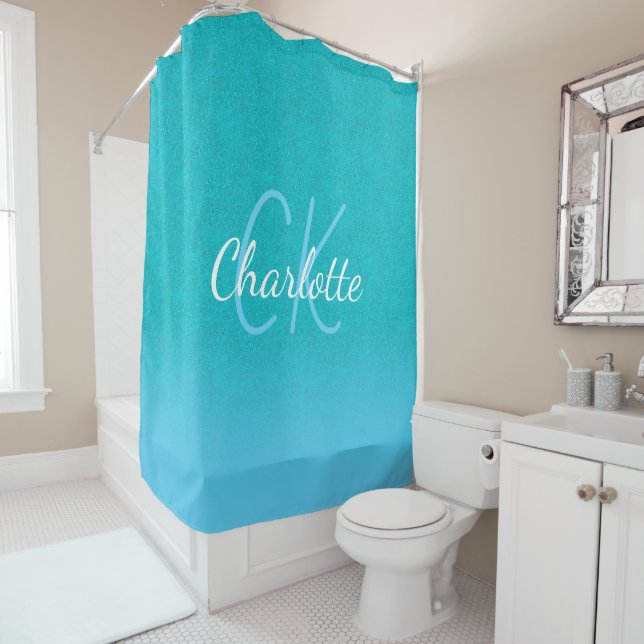 Teal blue glitter aqua sea green monogram initials shower curtain (In Situ)