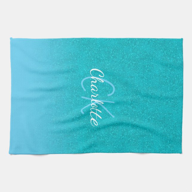 Teal blue glitter aqua sea green monogram initials tea towel (Horizontal)
