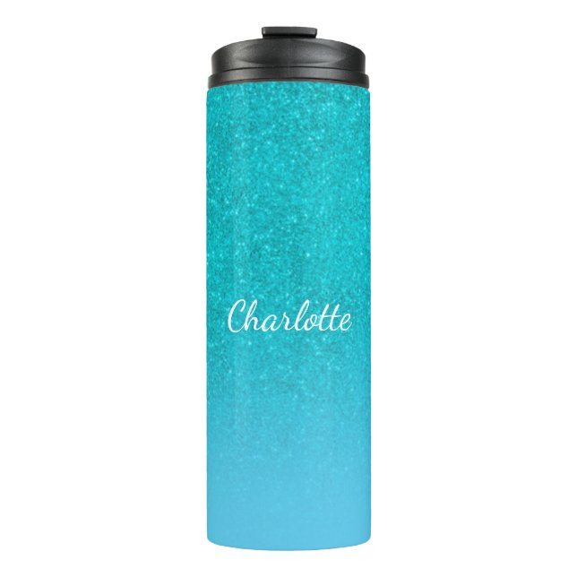 Teal blue glitter aqua sea green monogram initials thermal tumbler (Front)