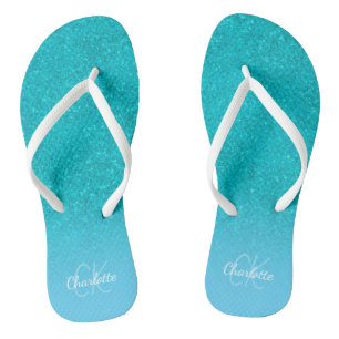 Teal blue glitter aqua sea green monogram initials thongs