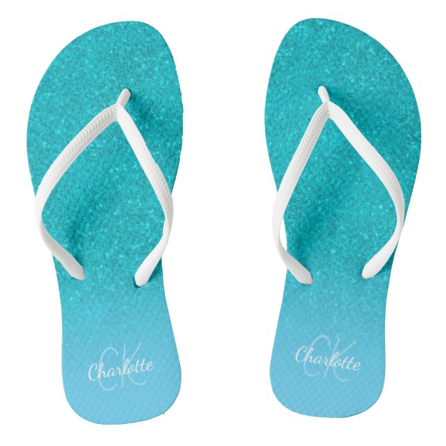 Teal blue glitter aqua sea green monogram initials thongs (Footbed)